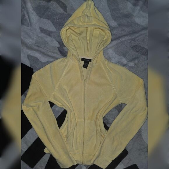 Vintage Y2K Express Yellow Velour Zip-Up Hoodie Sweatshirt - Picture 1 of 3